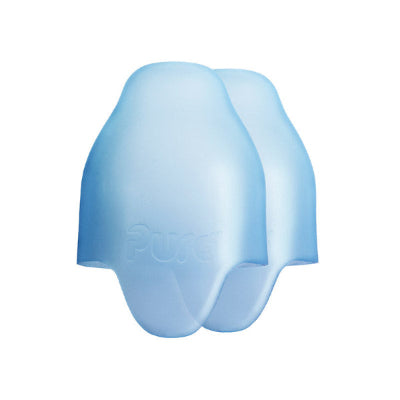 Two light blue silicone travel covers with the Pura brand logo, designed to cover the nipple or spout of a baby bottle.